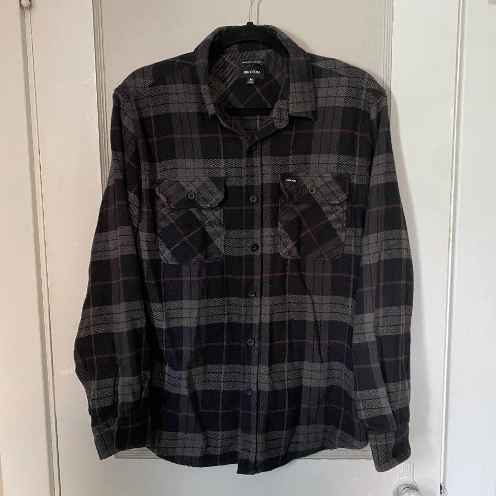 BRIXTON Men's Bowery Plaid Flannel Long Sleeved Button Down Shirt Black Gray